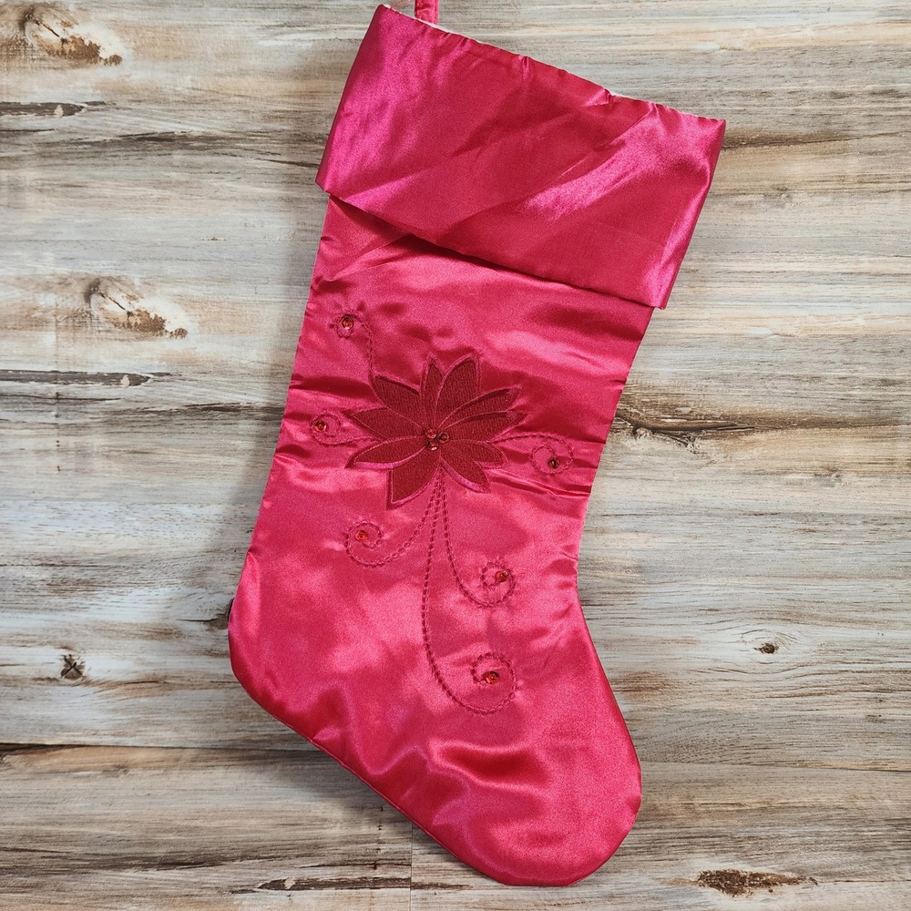 Pink Satin Christmas Stocking Embroidered Poinsettia Sequin Holiday Decor